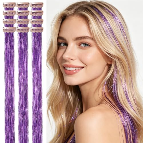 CelineBella 12Pcs 24" Clip in Hair Tinsel Midnight Purple Gala