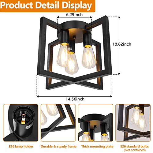 Feanron 3-Light Kitchen Light Fixtures Ceiling Mount, Industrial Modern Semi Flush Mount Lighting Fixture With Black Metal Frame, Farmhouse Vintage Ceiling Lamp For Hallway, Bedroom, Dining Room #TOP3