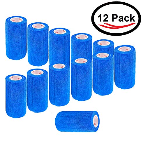 Image of 4 Inch Vet Wrap Tape Bulk (Blue) (Pack of 12) Self Adhesive Adherent Adhering Flex Bandage Grip Roll for Dog Cat Pet Horse