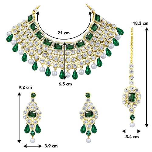 Image of Peora Crystal Choker Necklace with Maang Tikka Earrings Indian Traditional Bridal Wedding Jewellery Set for Women