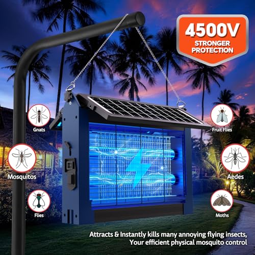 Image of Solar Bug Zapper with Dual Panels, 4500V Waterproof Mosquito Zapper Outdoor | IPX5 Waterproof, Auto /Off, Solar Power, USB C Charging, Attract All Types Of Flying Insects, Easy to Maintain, Backyard Ideal