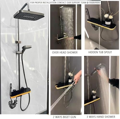 Image of X-XONIER Luxury thermostat Shower set System 4in1 shower panel with large Overhead Shower+3 Ways Hand Held, 2 way biget, Hidden Tub Spout,+Sun Shine Big light, digital temperature display