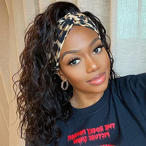 Headband Wig Curly Headband Wigs For Black Women 22 Inch Half Wig Attached Glueless Synthetic Wig Wet And Wavy Water Wave Natural Black Wigs With Headbands (16 Inch)