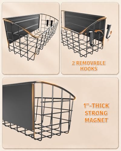 Image of 1Pack Magnetic Shelf for Refrigerator with Removable Hooks(Black) | Strong Magnetic Spice Rack for Kitchen Storage, Fruit Potato Onion Storage Shelves, Large Magnetic Basket Organizer