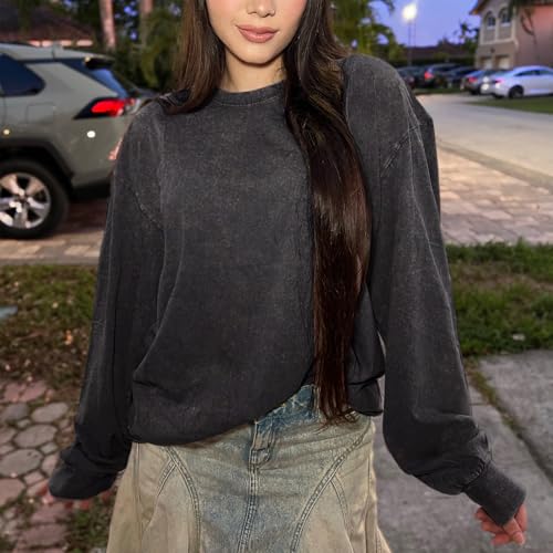 BINTEHGS Crewneck Oversized Long Sleeve Shirts for Women Loose Fit Vintage Acid Wash Tshirt Basic Solid Color Tee Sweatshirt2