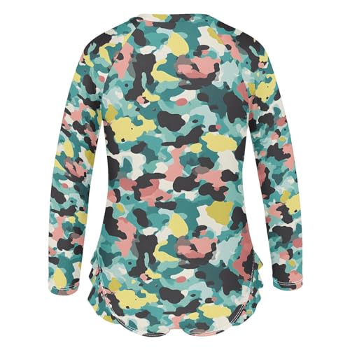 ALAZA Bright Yellow Black Green Camouflage Girls One Piece Swimsuit Long Sleeve Rash Guard Swimsuits UV 50+ Swimwear Zipper3