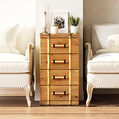 Cozayh 4-Drawer Mid Century Nightstand Set Of 2, Distressed Solid Wood End Table Vintage Side Table For Living Room, Bedroom, Fully Assembled, Retro Brown #TOP1