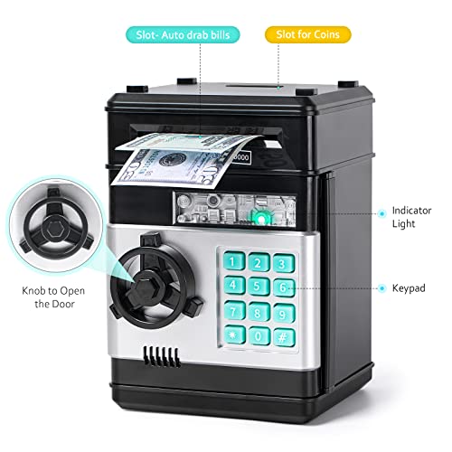 Atm Piggy Bank For Boys Girls, Vcertcpl Mini Atm Coin Bank Money Saving Box With Password, Kids Safe Money Jar For Adults With Auto Grab Bill Slot, Great Gift Toy Bank For Kids (Black) #TOP2