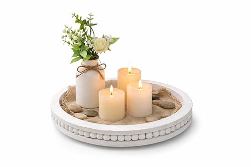 RayNab Farmhouse Round Wooden Beaded Tray – 12" Whitewashed Rustic