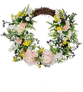 FLCSIed Artificial Peony Wreath Handmade Flower Wreath with Eucalyptus Leaves Summer Spring Grapevine Wreaths Decoration for Door Farmhouse Party Wedding Home Wall Hanging Decor