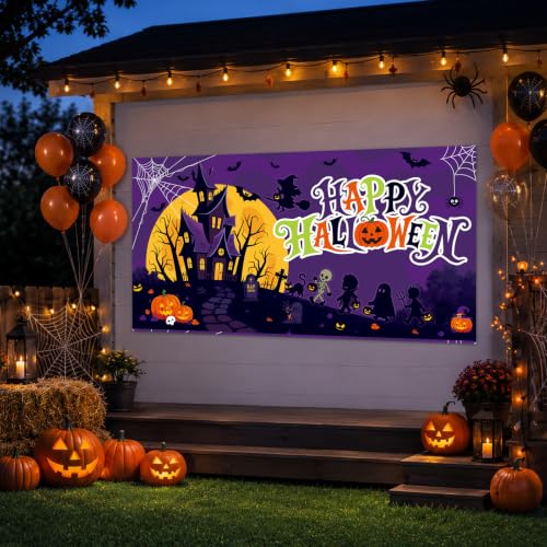 Image of Halloween Decorations Outdoor, Halloween Backdrop 65 inch x 32.7 inch Plastic Banner for Wall and Window, Spooky Party Decor, Indoor Outdoor Use, Outdoor Halloween Decorations, Trick or Treat Supplies