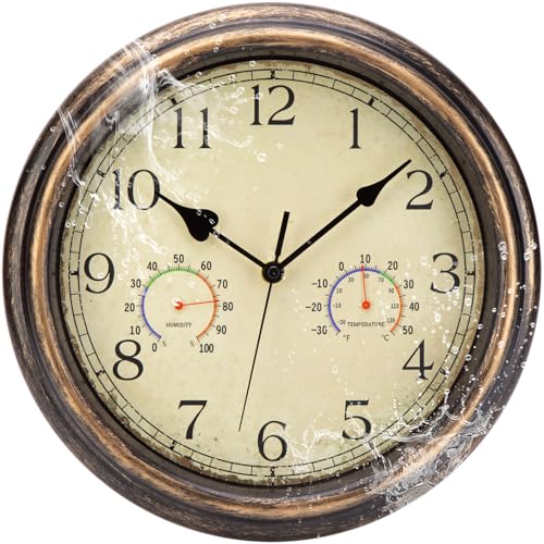 ACCSHINE Outdoor Wasserdicht Wanduhr Mit Thermometer und Hygrometer Anzeige Wanduhr Ohne Tickgeräusche Lautlos 30cm Quarz Batterie Betriebene Groß Deko Garten Wand Uhr (Goldbronze, 30cm)