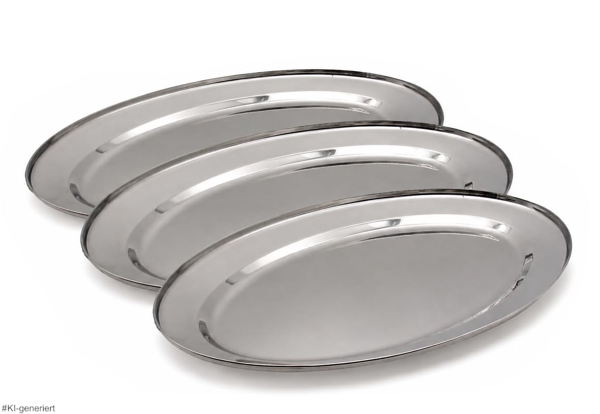 3er Set Ovale Edelstahl Servierplatten Größe L: 50 × 35cm
