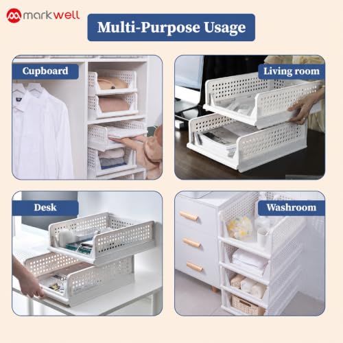 Image of MARKWELL 6 Layer Stackable Wardrobe Organizer for Clothes, Foldable Plastic Sliding Drawer Basket, Closet & Cupboard Storage for Shirts, Sarees, Towels & Toys, White, 44 x 33 x 19 cm