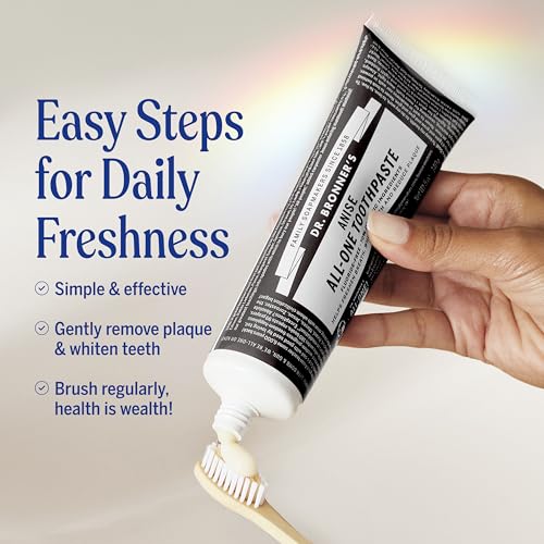 Image of Dr. Bronner's All-One Toothpaste - Anise, 5 oz, 3-Pack - Fluoride-Free Toothpaste for Adults, SLS-Free, 70% Organic & Natural Ingredients, Vegan, Helps Freshen Breath, Reduce Plaque, Whiten Teeth
