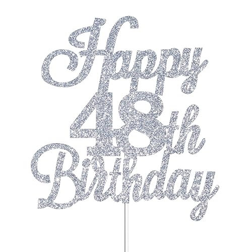 Happy 48th Birthday Cake Toppers Silver Glitter, Cheers to 48 Years Old Bday Decoration 48th Anniversary Cake Topper, Forty-eight Theme Cake Decorations for Birthday Anniversary Party