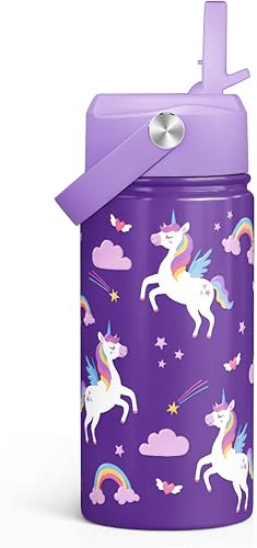 Miniatura 48 de SANDJEST Botella de agua para niños con tapa con pajilla, paquete de 2 botellas de agua aisladas de acero inoxidable de 12 onzas para niñas, taza de