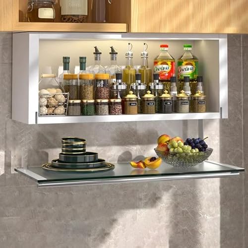 Wall Mounted Kitchen Cupboard - Space-Saving Metal Pantry with Tempered Glass Doors, Pull-Down Counter, Drill-Free Installation for Bathroom & Kitchen Storage