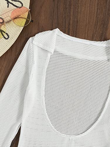 Makemechic Women's Crochet Cover Up Dress Long Sleeve Knitted Sheer Swimwear Beach Cover Up Dress A White S #TOP3