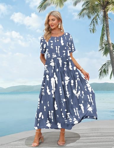 Image of YESNO Women Casual Loose Bohemian Floral Dress with Pockets Short Sleeve Long Maxi Summer Beach Swing Dress EJF