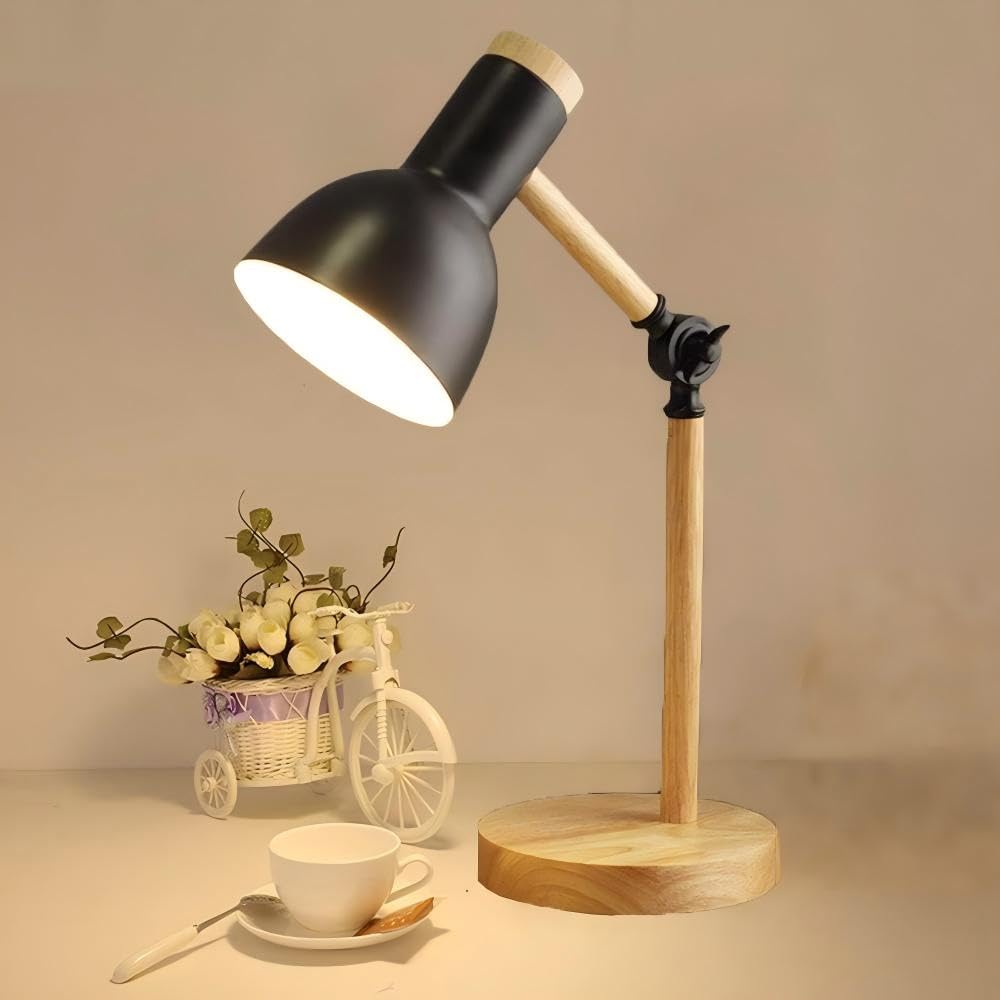 Lampe de table de chevet, lampe de bureau en bois moderne avec abat-jour en métal Lampe de chevet réglable pour bureau, salle d'étude, chambre à coucher, salon, chambre d'enfant, lecture,Noir