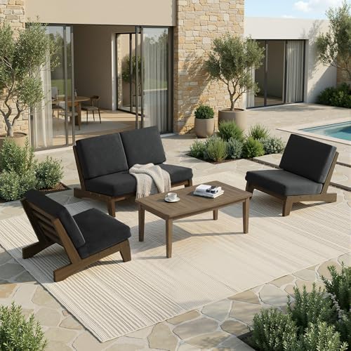 Image of Pia Ricoo 4 Piece Patio Furniture Sets, Outdoor Loveseat Sofa Set with 2 Chairs & Coffee Table, Patio Conversation Set for Backyard, Deck, Lawn, Drak