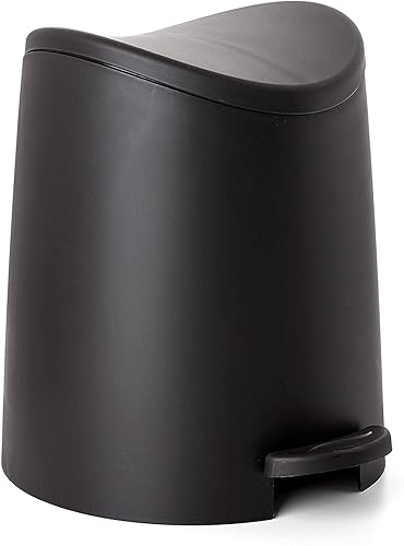 Superio Mini cubo de basura de plástico para baño con tapa, 3 litros, color negro, moderno y curvado con pedal de pie, mini cubo de basura de