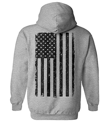 Distressed Black USA Flag - United States Unisex Hoodie Sweatshirt (Light Gray - Back Print, Small)