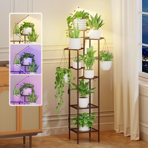 Image of Quikraen 8-Tier Brown Plant Stand with Grow Lights, 58.5 inch Tall Ultra-Narrow Corner Plant Shelf with 2-Head LED Grow Light & Hanging Hooks, Space-Saving Metal Flower Pot Holder Rack for Indoor Plants, Patio, Balcony
