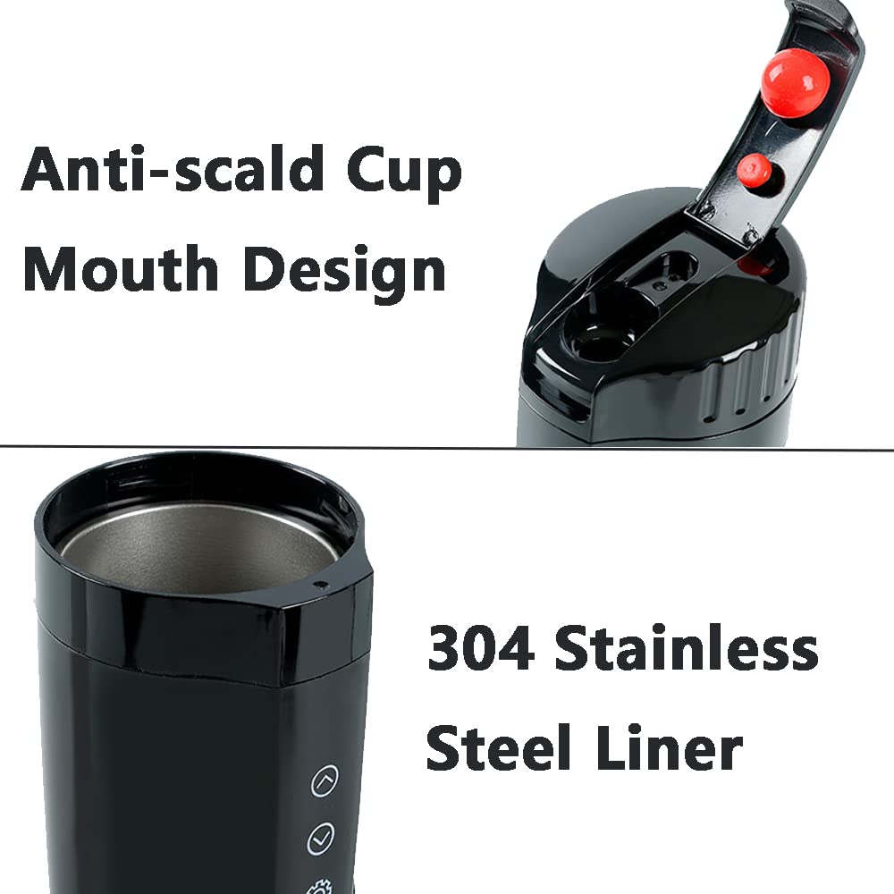 Riloer Bouilloire électrique portable, Bouilloire électrique de voyage 12 V, 350 ml, thermos de voyage pour voiture, camion, SUV, en acier inoxydable, résistant à la chaleur et à la rouille, noir