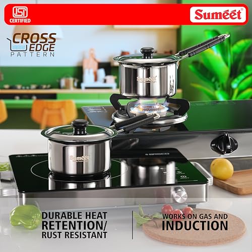 Image of Sumeet ISI Certified HeavyPly Premium Stainless Steel Cross Edge Induction & Gas Stove Friendly Saucepan /Milk Pan /Tea Maker with Lid Set of 2 Pcs - 830ml / 1150ml