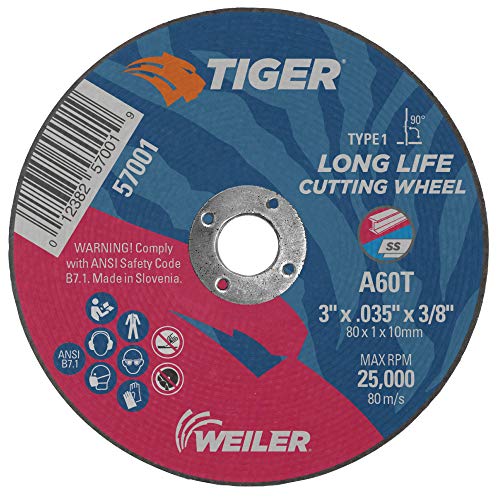 Image of Weiler 57001 3-Inch Cutting Wheel, Tiger AO Steel /Metal Long Life, Performance Cutting, 0.035 inch A60T Type 1 3 /8 inch Arbor (Pack of 100)