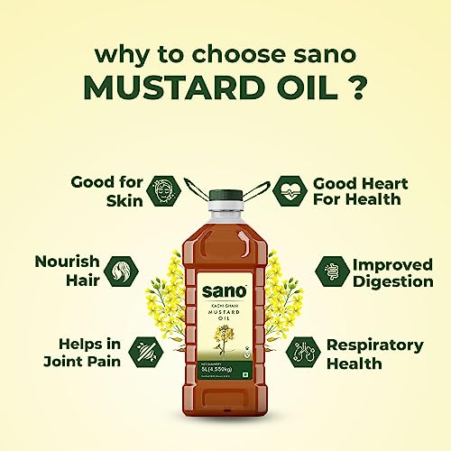 Image of sano Pure & Fresh Kachi Ghani Mustard Oil - 5 Ltr X 2 Pack Pet Bottle | High Pungency | Rich in Omega-3 | 100% Natural | Authentic Indian Cooking Oil