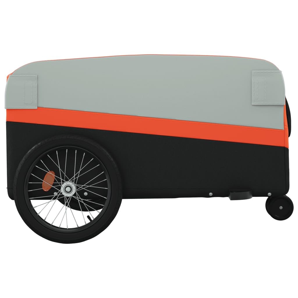 Przyczepa rowerowa czarna i pomarańczowa z żelaza o nośności 45 kg, 126 x 63 x 51 cm, sprzęgło dyszowe, flaga bezpieczeństwa, składana, idealna do ładunków, zakupów, psów i dzieci na co dzień