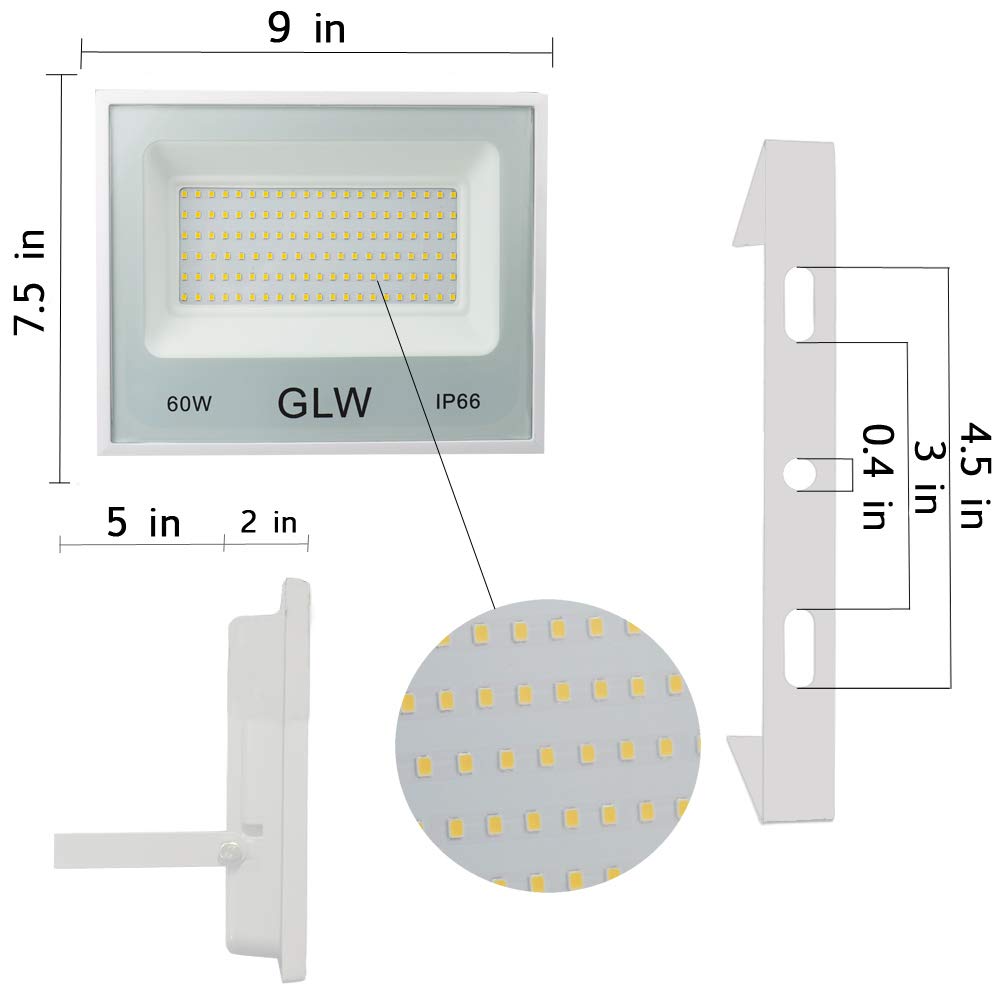 GLW 60W Flood Light Outdoor IP66 Waterproof Security Lights,6000LM