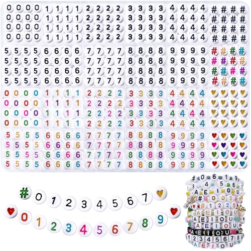 MIIIM 1200 Pcs Serif Number Beads for Bracelets 4x7mm Round Number Beads 0-9 for Phone Digits Keychains Necklace with Symbols and Charms (Black Colorful)