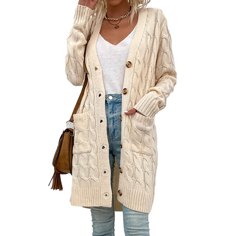 EeryizuiniWomens Long Sleeve Cable Knit Cardigan Midi Long Coat Open Front Button Down Sweater