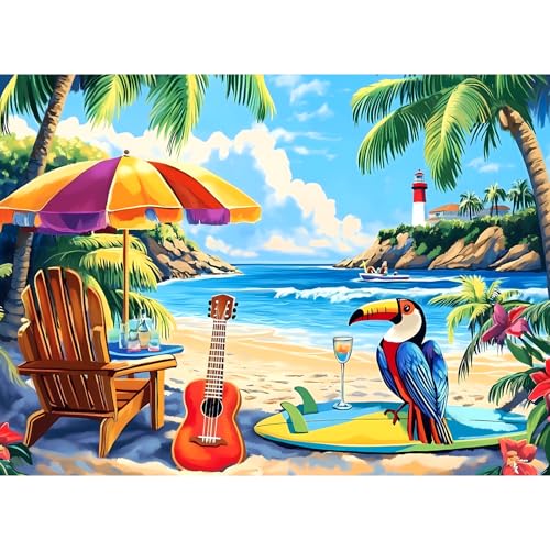 500 Piece Jigsaw Puzzle for Adults, Beach Scenery Jigsaw Puzzle, Chair and Guitar Jigsaw Puzzles,...