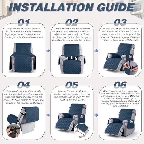 Image of TAOCOCO 100% Waterproof Recliner Covers, Recliner Sofa Covers with Leg Straps, Reversible Recliner Couch Cover for Reclining Chair, Washable Couch Protector for Pets Kids(1 Seater 25 inch, Ocean Blue)