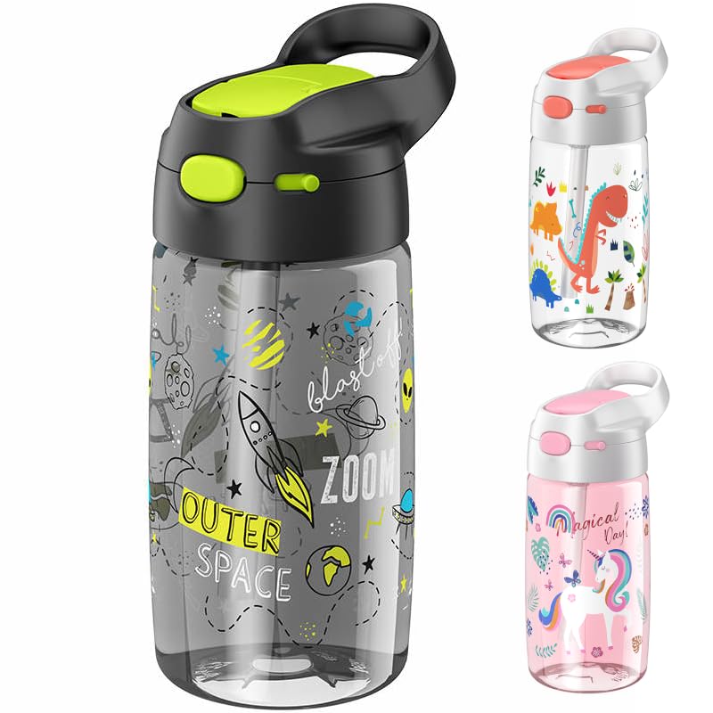 Jeko & Jeko Kid's 450ml Tritan Water Bottle Ideal for Preschool to Elementary | Spill-Proof | BPA-Free, Straw Cover (Astronaut, Outer Space, Rocket)
