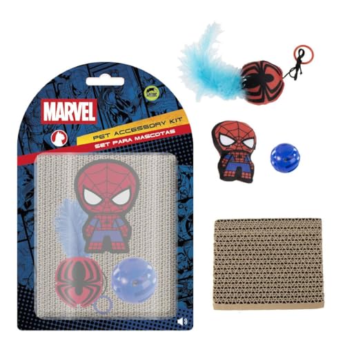 Marvel Spider-Man - Juego de Juguetes para Gatos, Juego de Regalo para Gatos con rascador, Juguetes de Peluche de Hierba gatera y Bola de Cascabel, Juguetes interactivos para Gatos de Interior