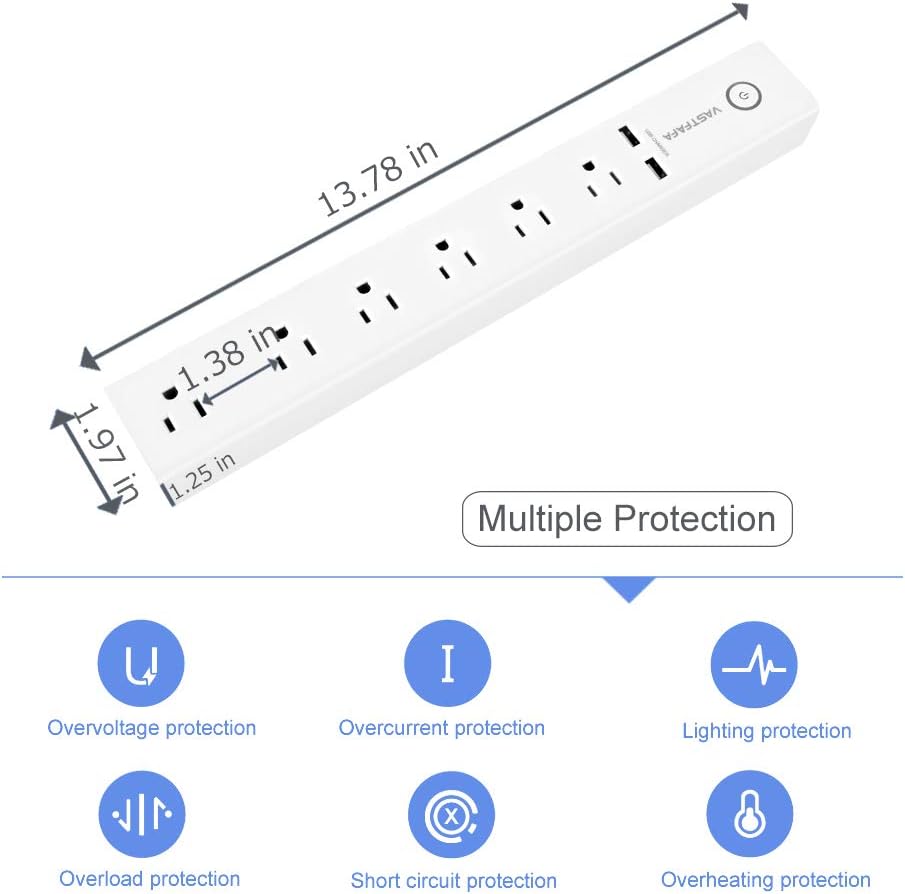 VASTFAFA 6-Outlet Surge Protector Power Strip with 2 Fast Charging USB Port,Desktop Charging Station 6 ft Extension Cord for Cruise Ship, Dorm Room Multi Plug Extender (White)