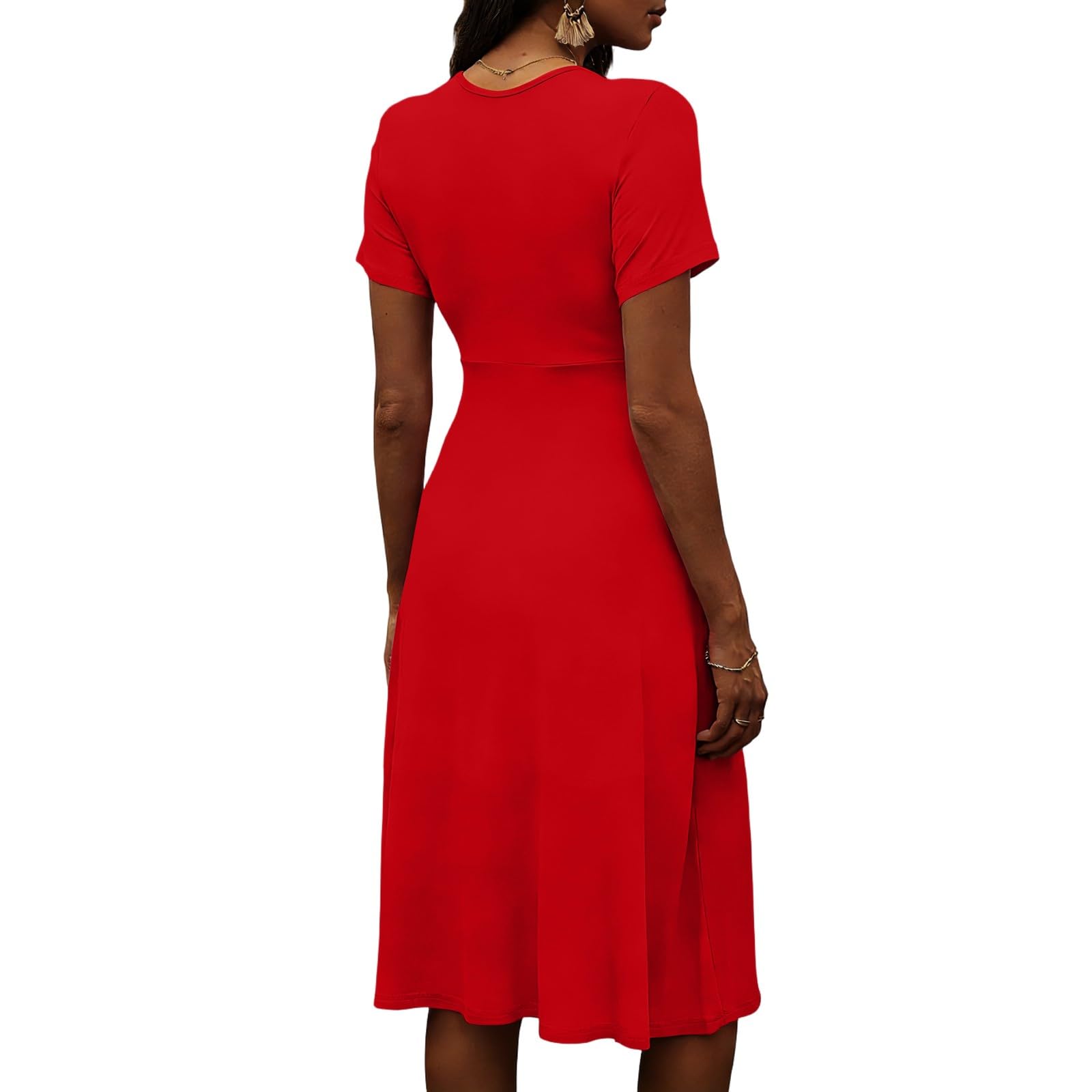 Generico Robe d'été pour femme - Robe d'été à manches courtes - Robe mi-longue décontractée - Taille haute - Col en V - Couleur unie - Élégante robe de style bohème pour les vacances