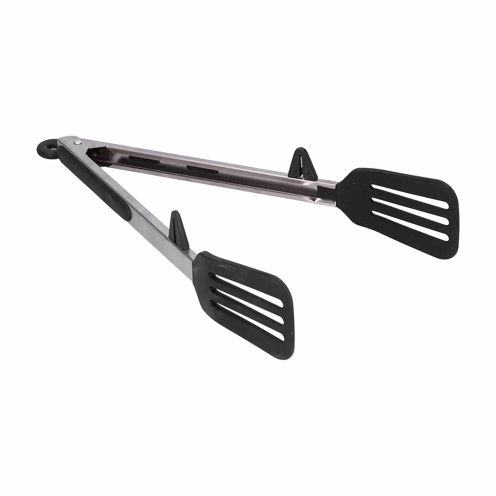 Fydun Cooking Tongs, Stainless Steel Kitchen Silicone Serving Steel Silicone Food Shovel Clamp/Holder Tongs Food Spatula Clamp Meat Barbecue Steak Baking Tool for Home BBQ (12-inch Black Stand)