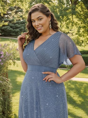 Image of Ever-Pretty Plus Women's Glitter Formal Dress Evening Gown for Gala V-Neck Short Sleeve Floor Length Plus Size Prom Dresses