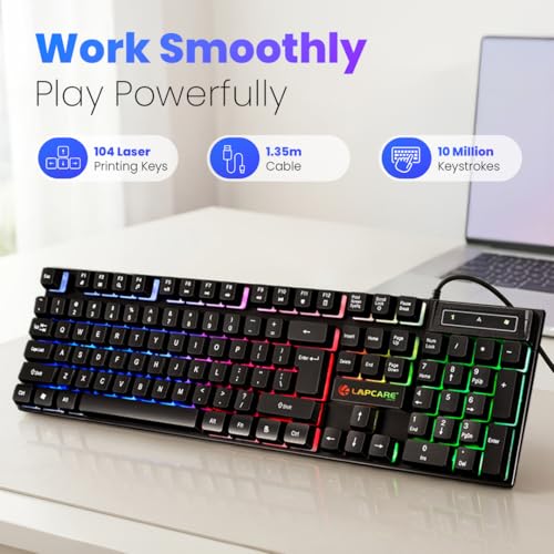 Image of LAPCARE Rapido II Wired Gaming Keyboard & Mouse Combo with Rainbow LED Backlit, 104 Laser Printed Keys, 1600 DPI Gaming Mouse, USB Plug & Play, Windows Compatible