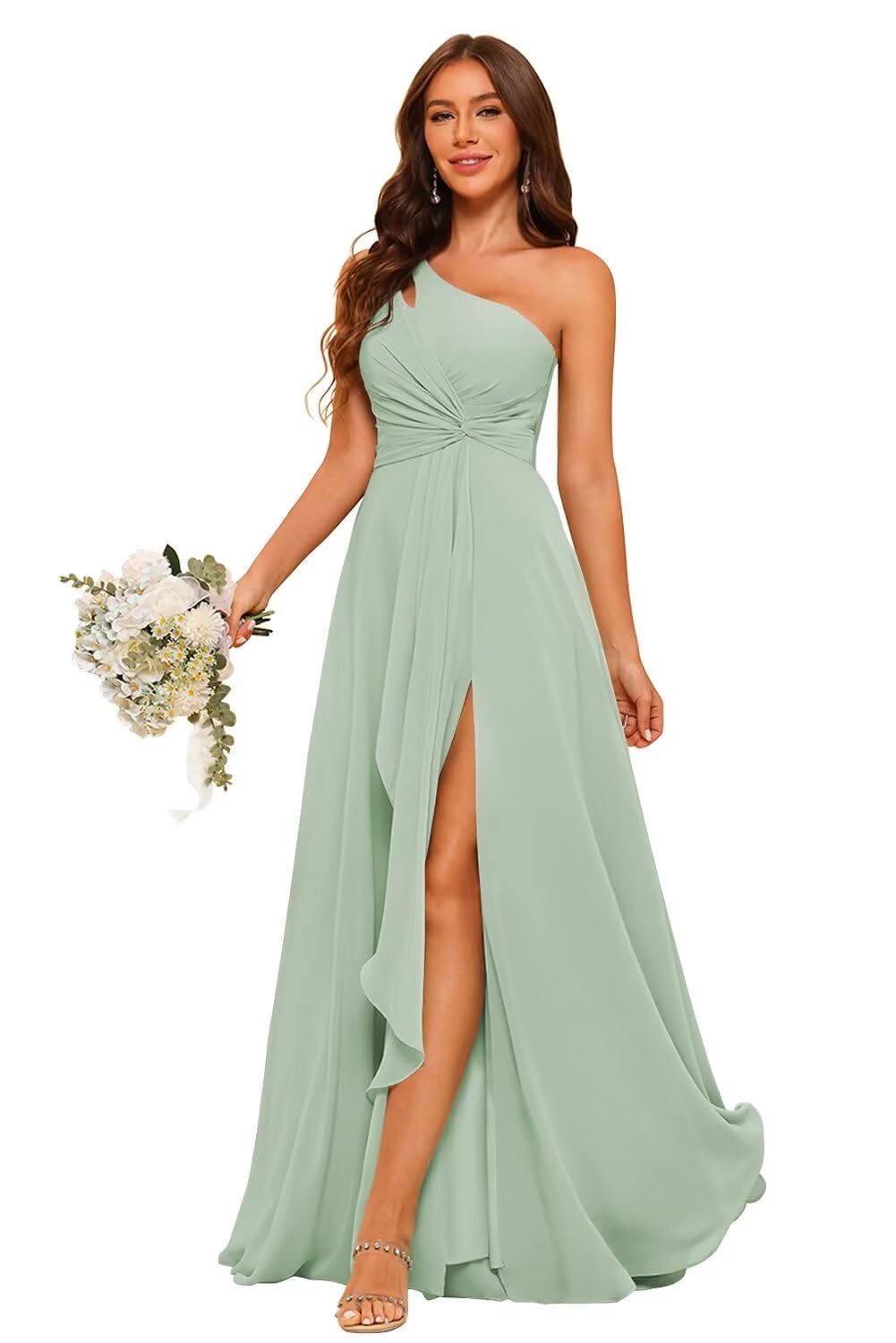green chiffon dress amazon Aosadin Sage Bridesmaid for Women Beach One Shoulder Pleated Long Evening Dresses for Women Sage Green 08 Elegant green bridesmaid dress