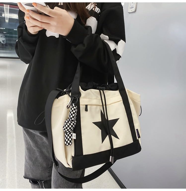 Y2K Aesthetic Crossbody White Bag with Pendant Star - Multi Pockets and Drawstring Closure - One Size