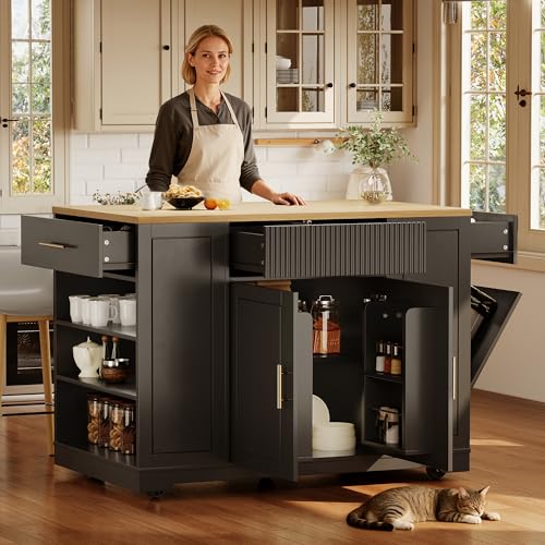 Yihomfy Îlot Central Cuisine avec roulettes 120x50x92 cm - Grand Rangement, 2 Portes & 3 Tiroirs - Intégre Un Bac à Ordures - Îlot de Cuisine Mobile,...