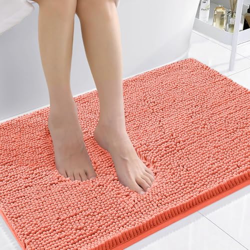 Smiry Luxury Chenille Bathroom Rugs 36x24, Extra Soft and Absorbent Shaggy Bath Mat, Machine Washable, Non-Slip Plush Carpet Runner for Tub, Shower, and Floor, Home Decor Accessories, Coral